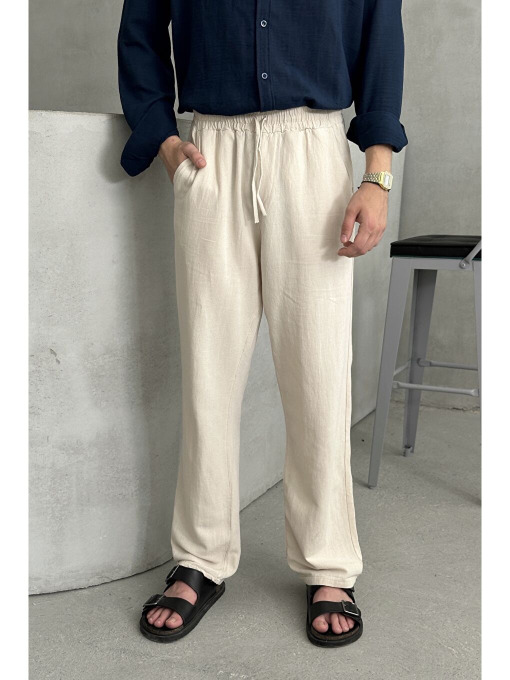 Bej Erkek Beli Lastikli Baggy Kalıp Keten Pantolon-1