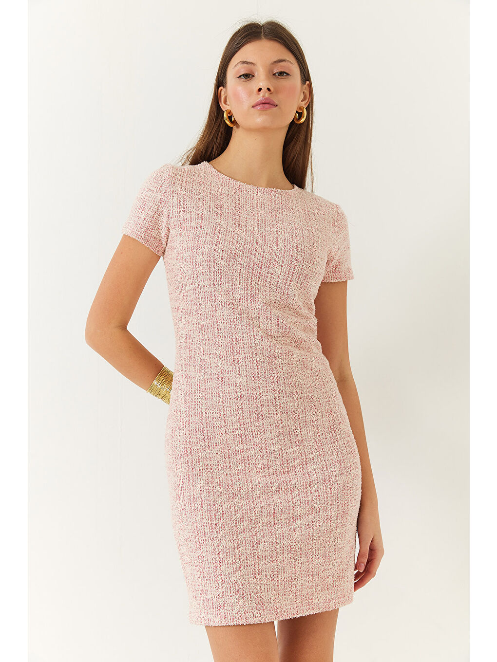 Pembe Kadın Bisiklet Yaka Kısa Kollu Mini Tüvit Elbise-3