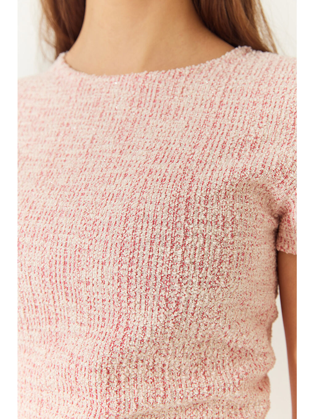 Pembe Kadın Bisiklet Yaka Kısa Kollu Mini Tüvit Elbise-4