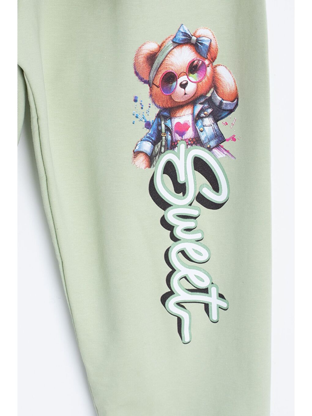 Yeşil Ayıcık Baskılı Beli Lastikli Kız Çocuk Eşofman Takımı 22755-3