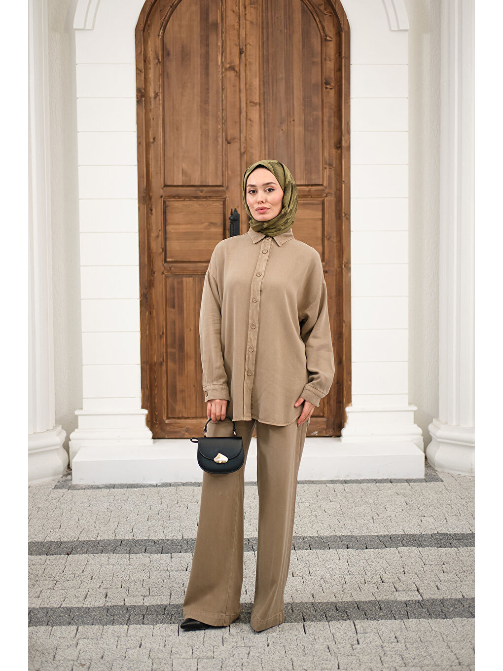 Bej Kadın Yıkama Detay Beli Lastikli Boru Paça Gömlekli Takım Vizon-4