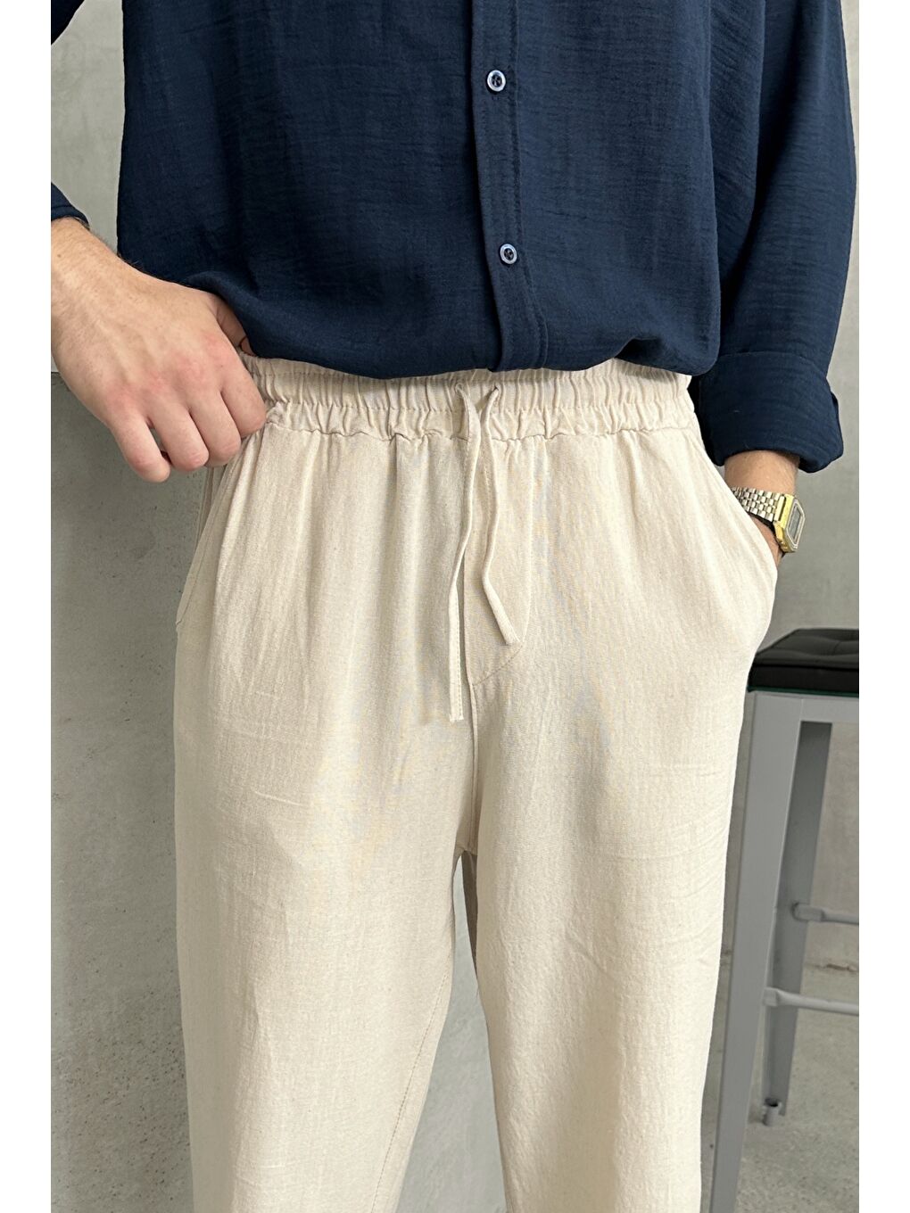 Bej Erkek Beli Lastikli Baggy Kalıp Keten Pantolon-3