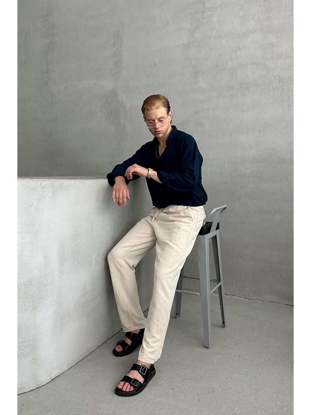 Bej Erkek Beli Lastikli Baggy Kalıp Keten Pantolon-4