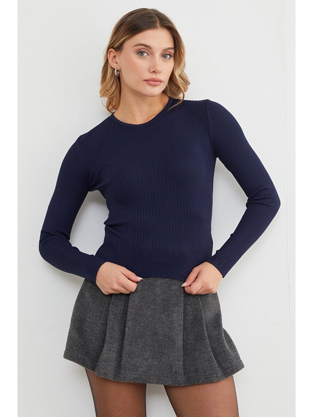 Lacivert Fitilli Bisiklet Yaka İnce Triko Kazak-1