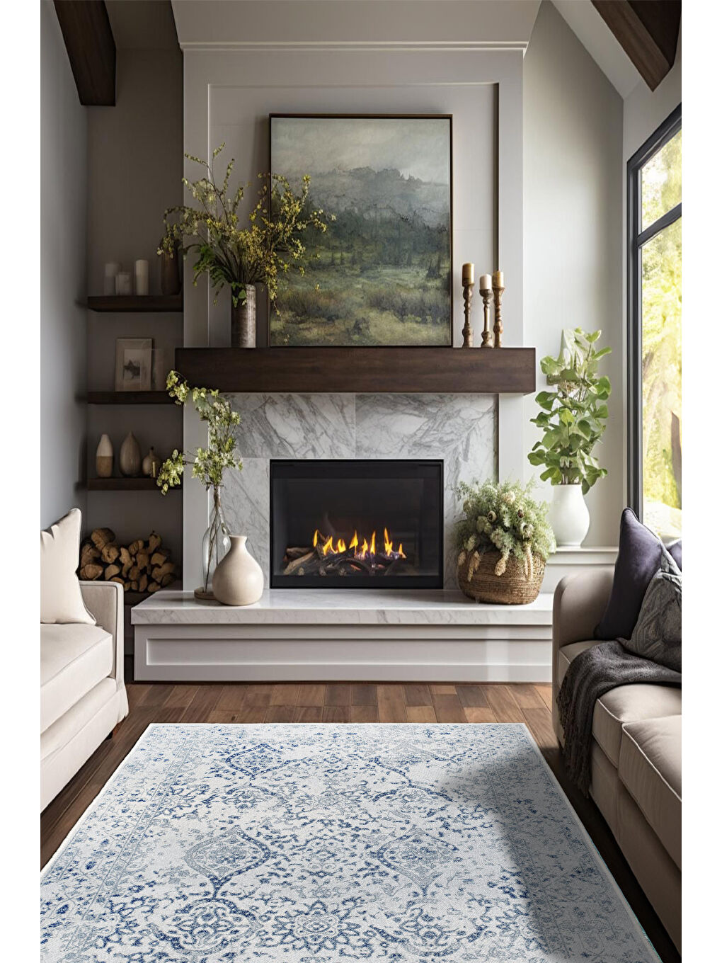 Mavi Dekoratif Özel Tasarım Yıkanabilir İnce Kaymaz Tabanlı Modern Halı KECE FR07-2