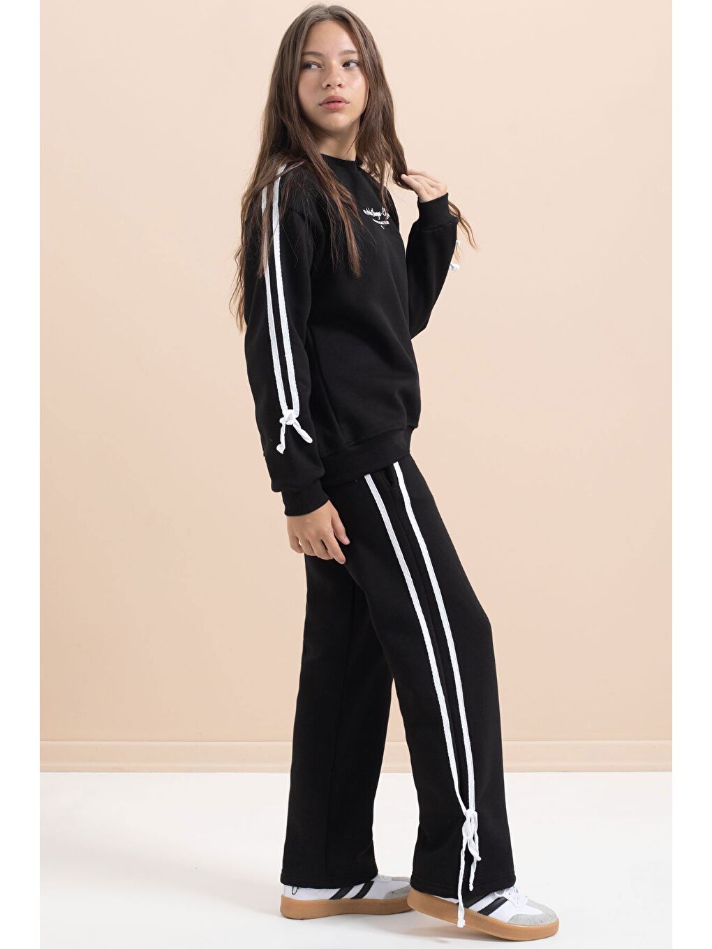 Siyah Kız Çocuk Şerit Detaylı 3 İplik Şardonlu Takım 21513-1