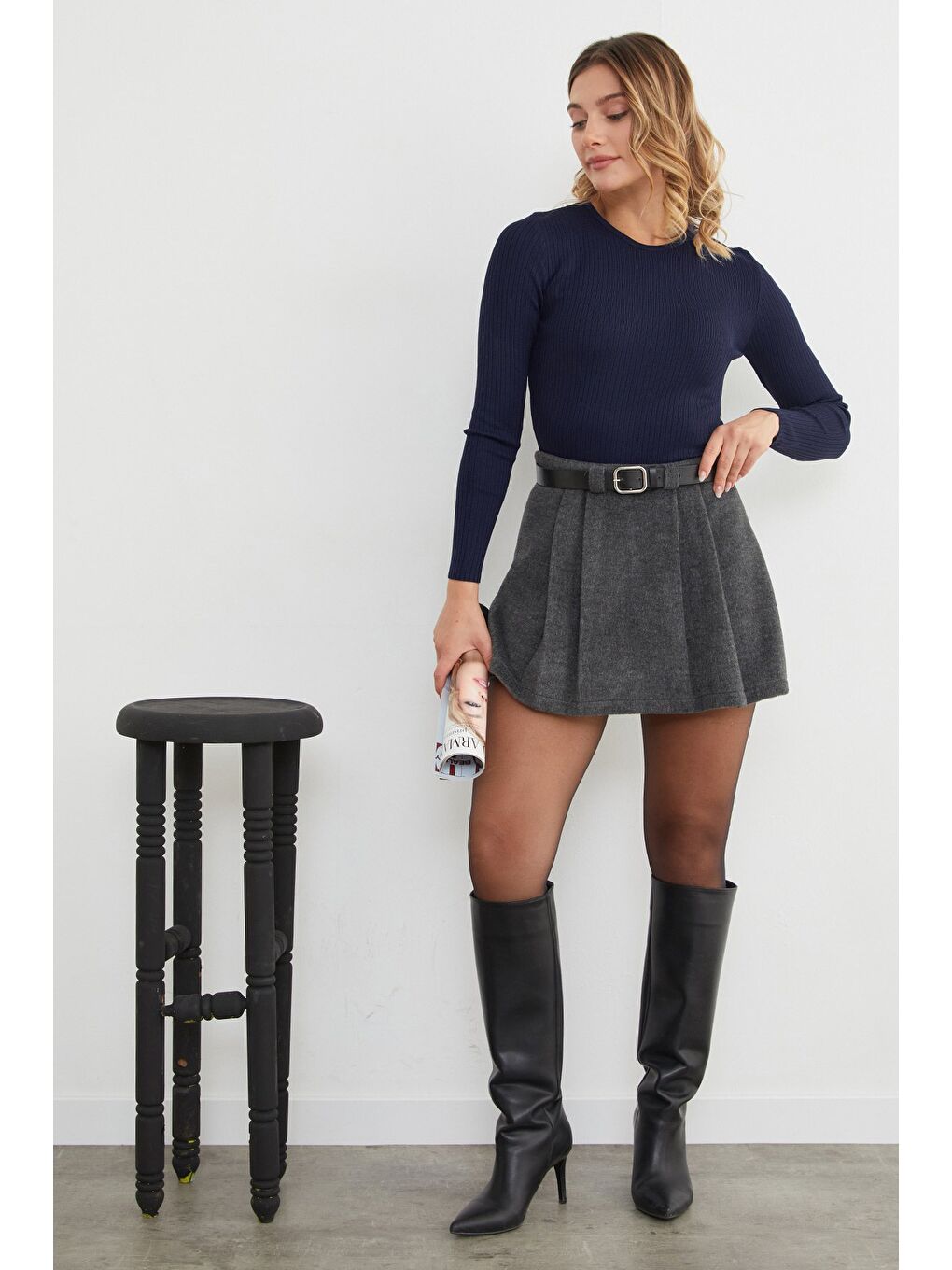 Lacivert Fitilli Bisiklet Yaka İnce Triko Kazak-2