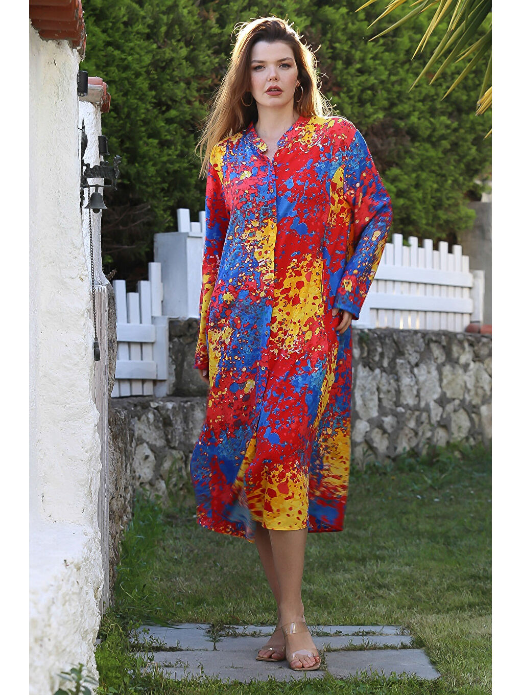 Turuncu-Mavi Hakim Yaka Düğmeli Uzun Kollu Gizli Cepli Casual Viskon Dokuma Elbise 125 65-1