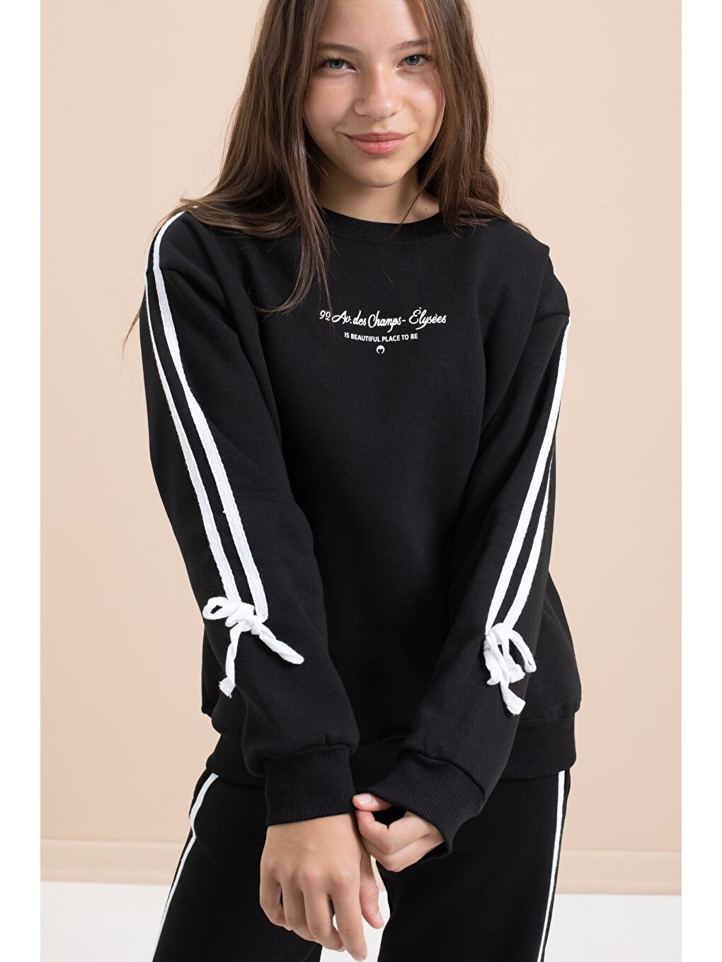 Siyah Kız Çocuk Şerit Detaylı 3 İplik Şardonlu Takım 21513-2