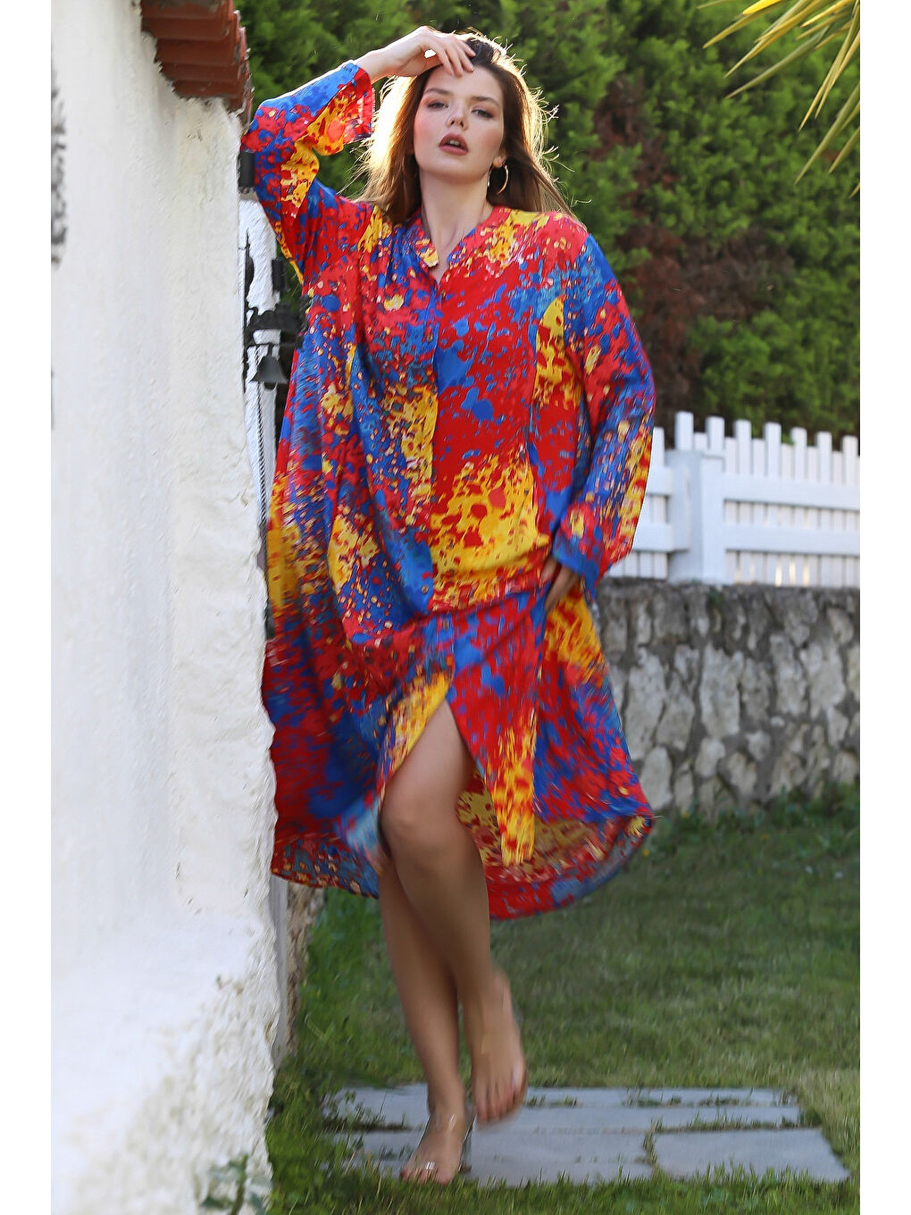 Turuncu-Mavi Hakim Yaka Düğmeli Uzun Kollu Gizli Cepli Casual Viskon Dokuma Elbise 125 65-2