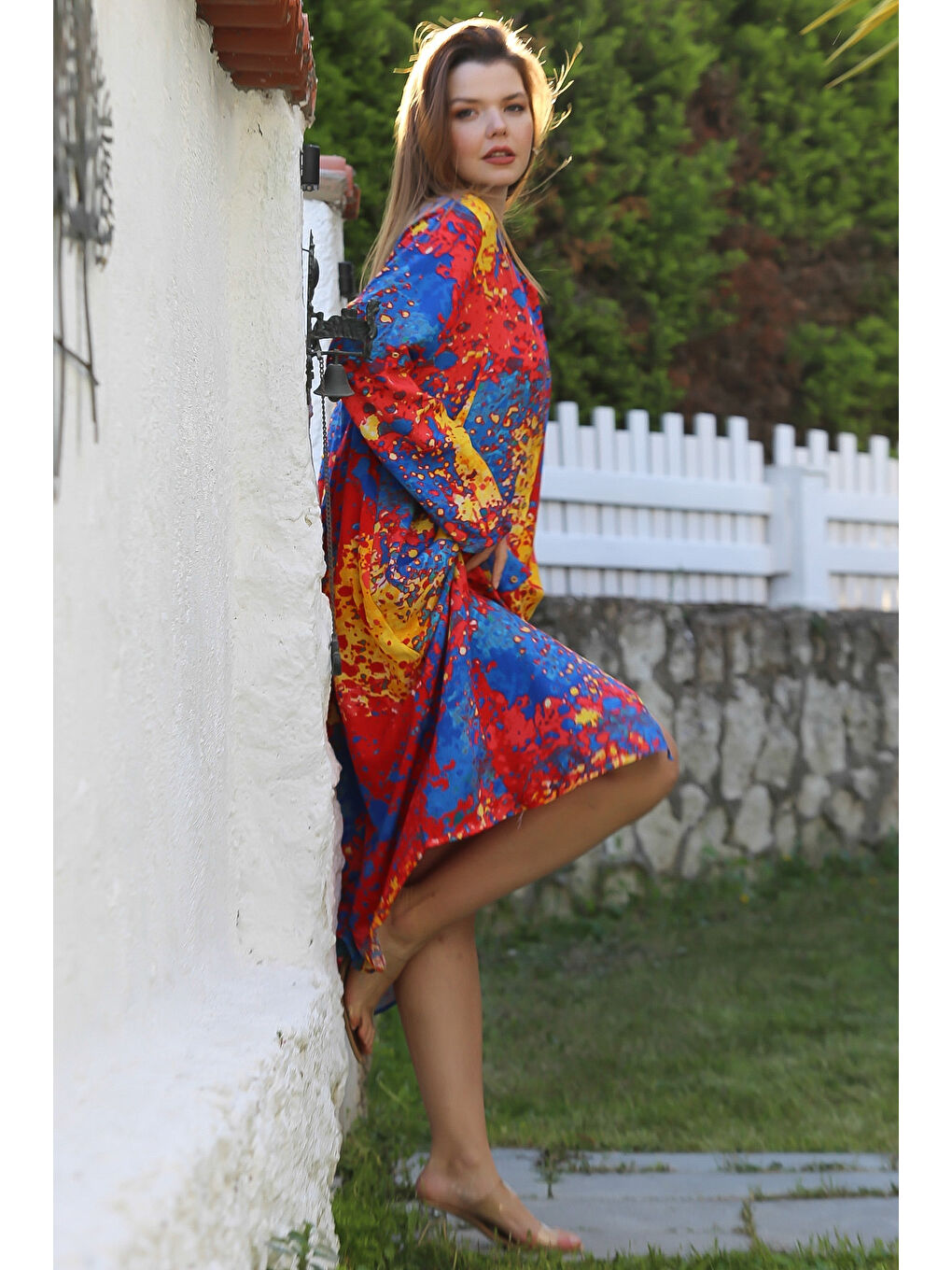 Turuncu-Mavi Hakim Yaka Düğmeli Uzun Kollu Gizli Cepli Casual Viskon Dokuma Elbise 125 65-3