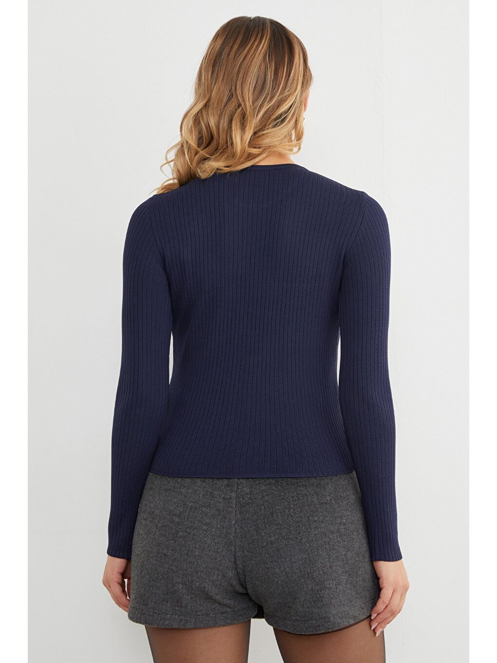 Lacivert Fitilli Bisiklet Yaka İnce Triko Kazak-3