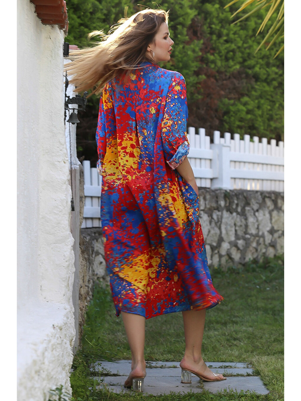 Turuncu-Mavi Hakim Yaka Düğmeli Uzun Kollu Gizli Cepli Casual Viskon Dokuma Elbise 125 65-6