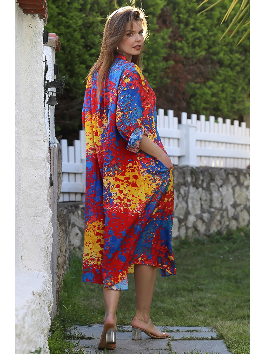 Turuncu-Mavi Hakim Yaka Düğmeli Uzun Kollu Gizli Cepli Casual Viskon Dokuma Elbise 125 65-7