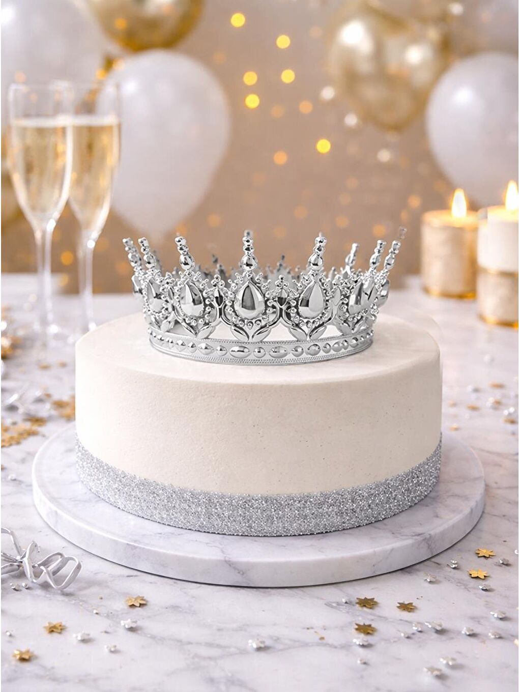 Gri Pasta Üstü Tacı Mika Doğum Günü Taç Gümüş