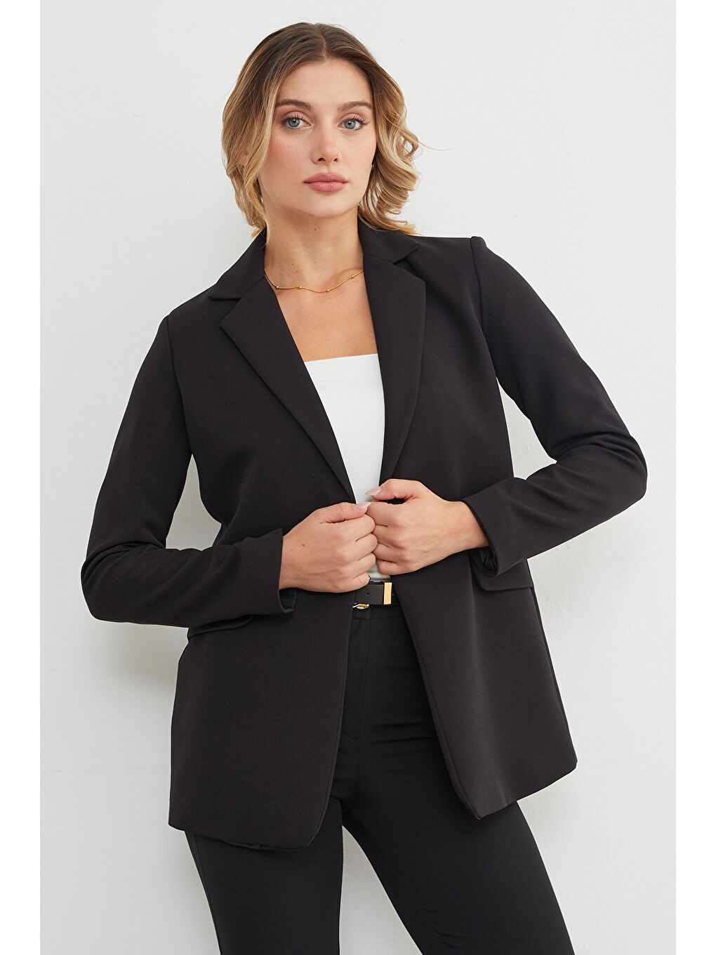 Siyah Basic Tek Düğmeli Blazer Ceket-2