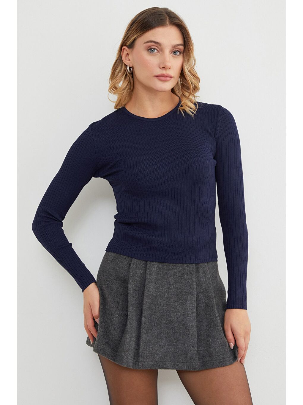 Lacivert Fitilli Bisiklet Yaka İnce Triko Kazak-4