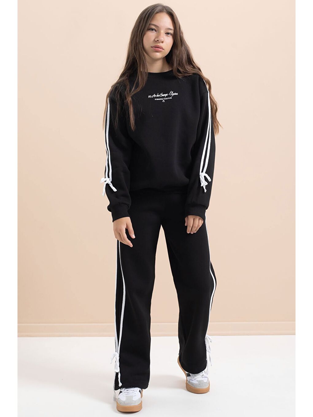 Siyah Kız Çocuk Şerit Detaylı 3 İplik Şardonlu Takım 21513-3