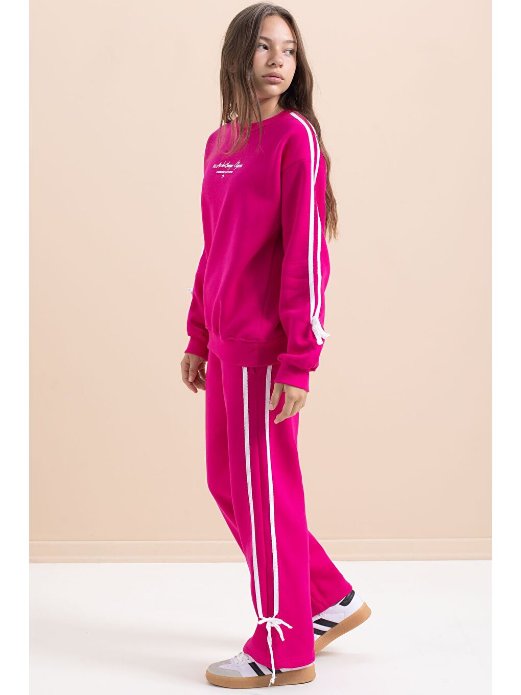 Fuşya Kız Çocuk Şerit Detaylı 3 İplik Şardonlu Takım 21517-1