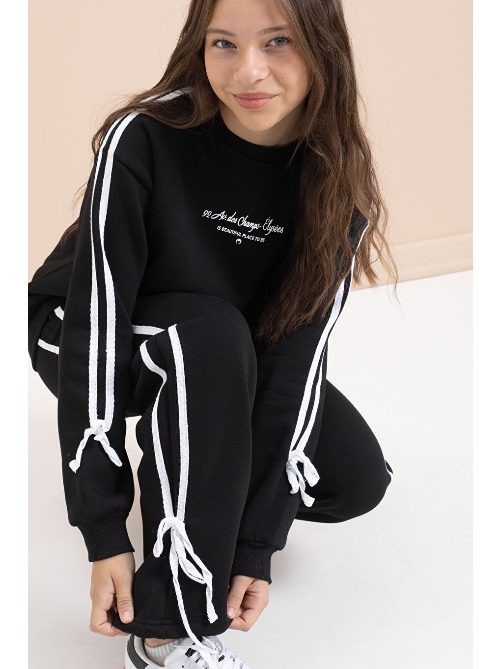 Siyah Kız Çocuk Şerit Detaylı 3 İplik Şardonlu Takım 21513-4