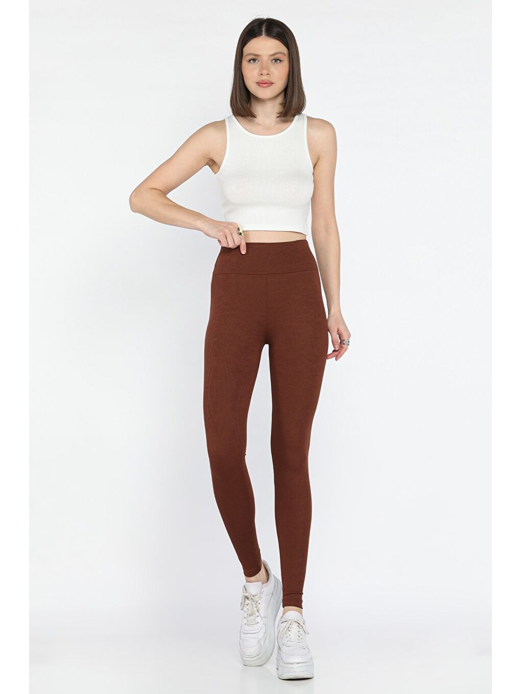 Kahverengi Kadın Fitilli Yüksek Bel Tayt