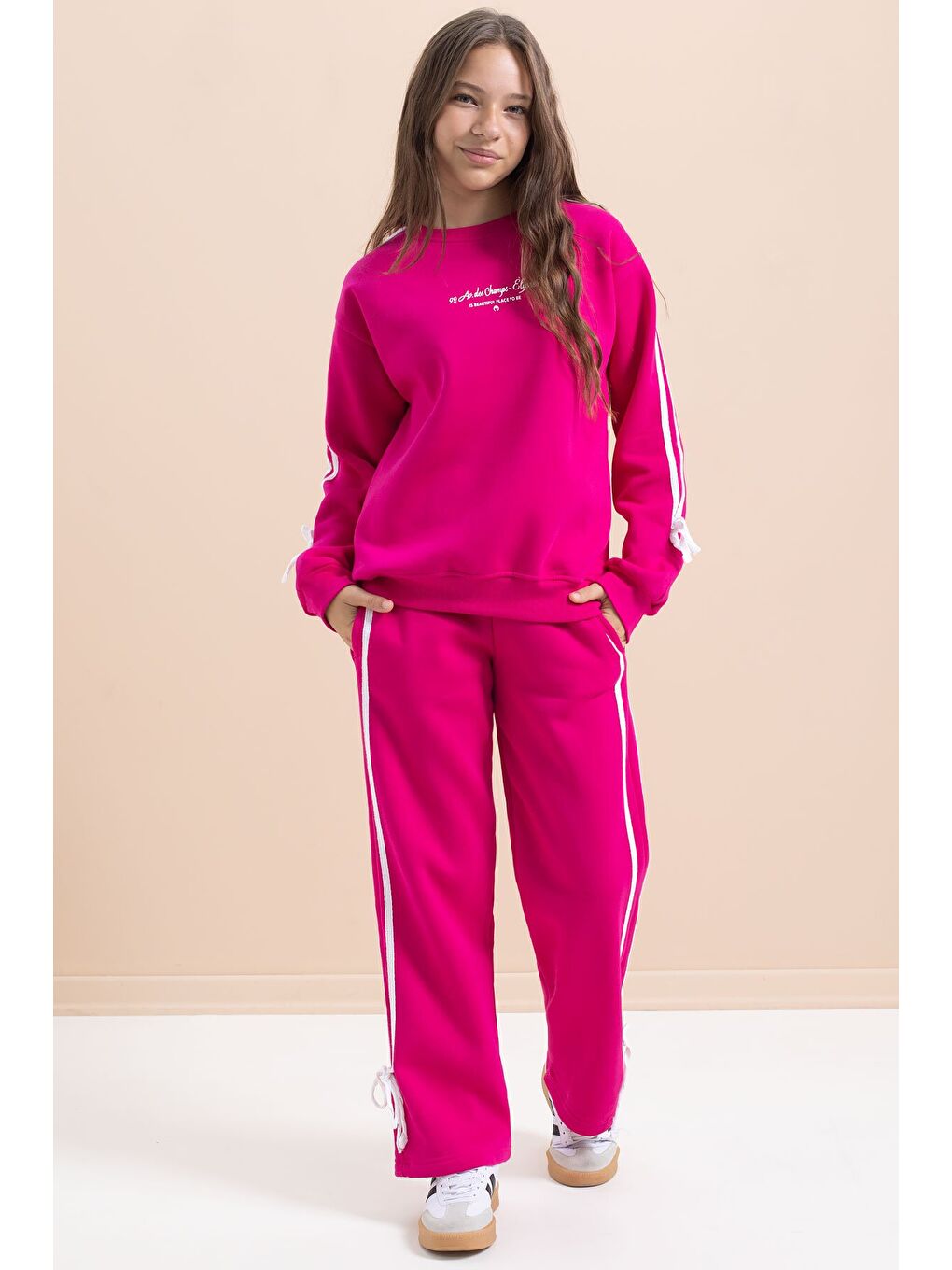 Fuşya Kız Çocuk Şerit Detaylı 3 İplik Şardonlu Takım 21517-2