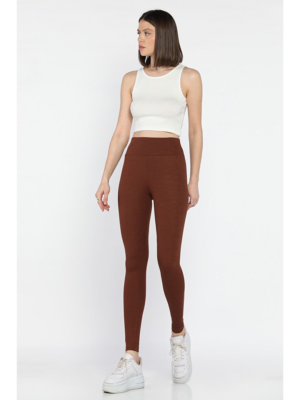 Kahverengi Kadın Fitilli Yüksek Bel Tayt-1