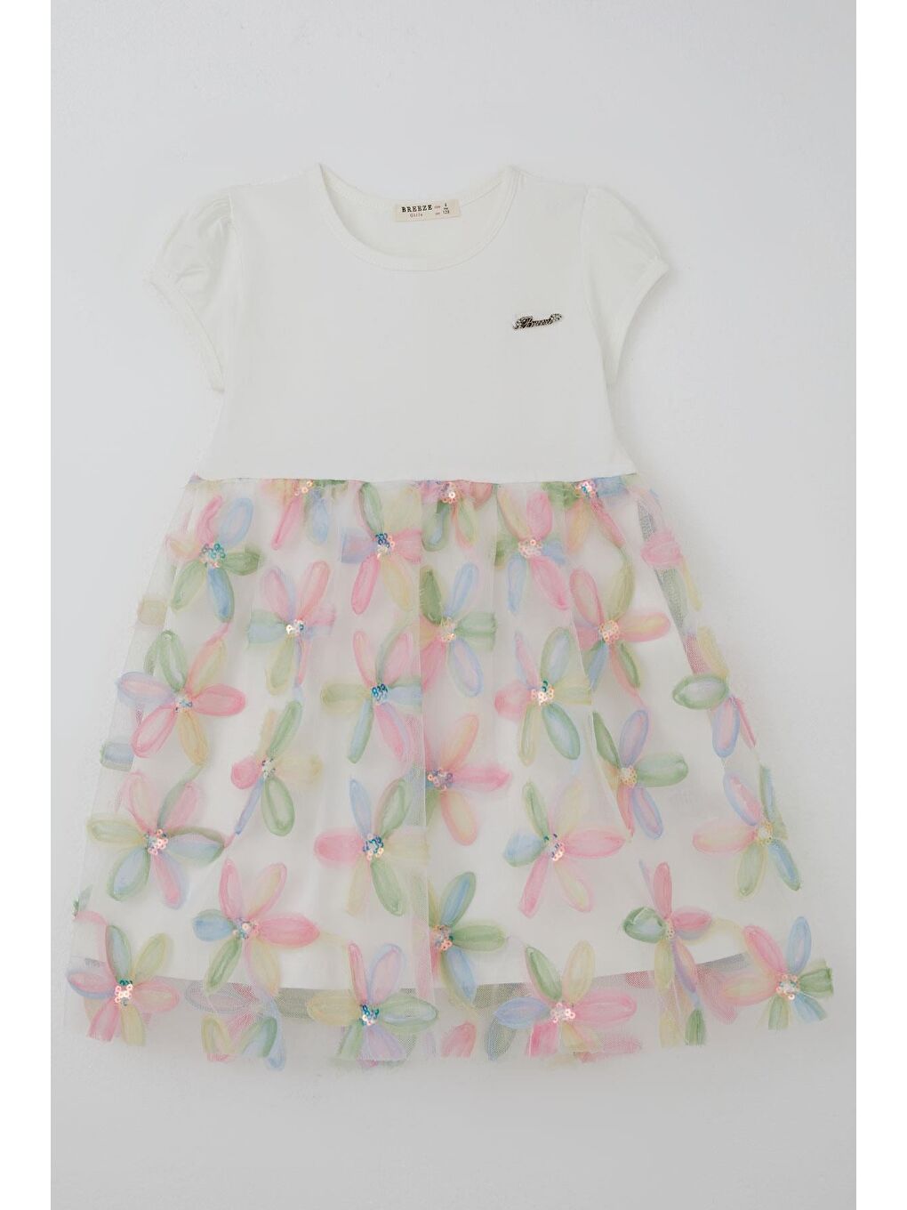 Kız Çocuk Elbise Renkli 3D Papatya Çiçek Aplikeli Pul Detaylı Ekru (4-9 Yaş)-1