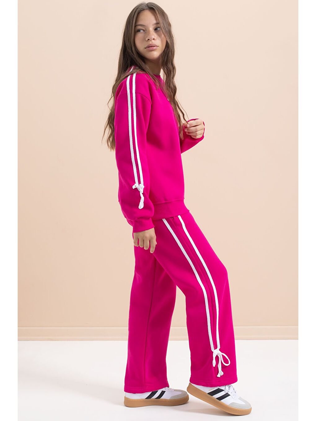 Fuşya Kız Çocuk Şerit Detaylı 3 İplik Şardonlu Takım 21517-3