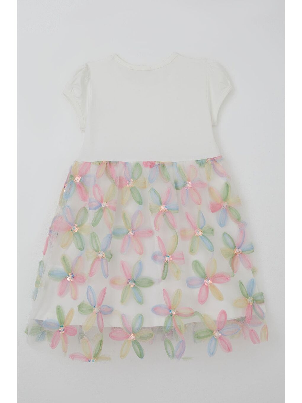 Kız Çocuk Elbise Renkli 3D Papatya Çiçek Aplikeli Pul Detaylı Ekru (4-9 Yaş)-2