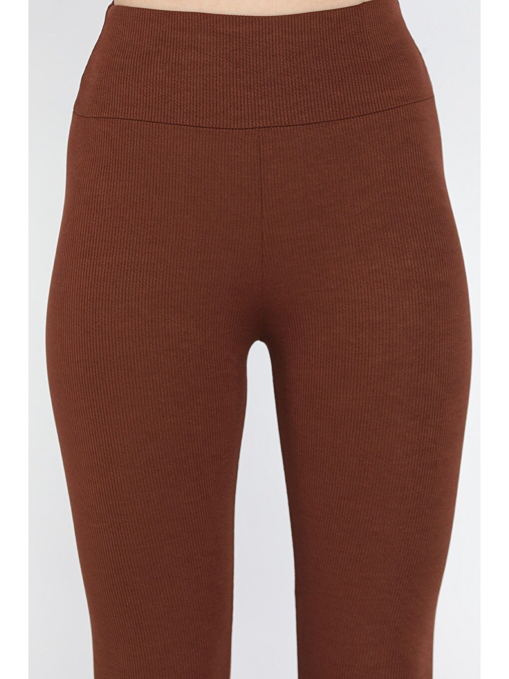 Kahverengi Kadın Fitilli Yüksek Bel Tayt-3