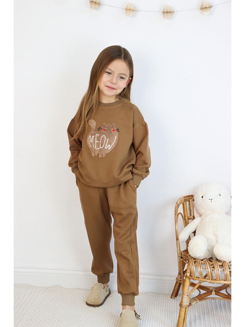 Harika KIDS Kahverengi Kız-Erkek (Unisex) Çocuk İnterlok Kumaş Orta Kalınlıkta Nakışlı-Baskılı Örme Basic Eşofman Takımı - 6