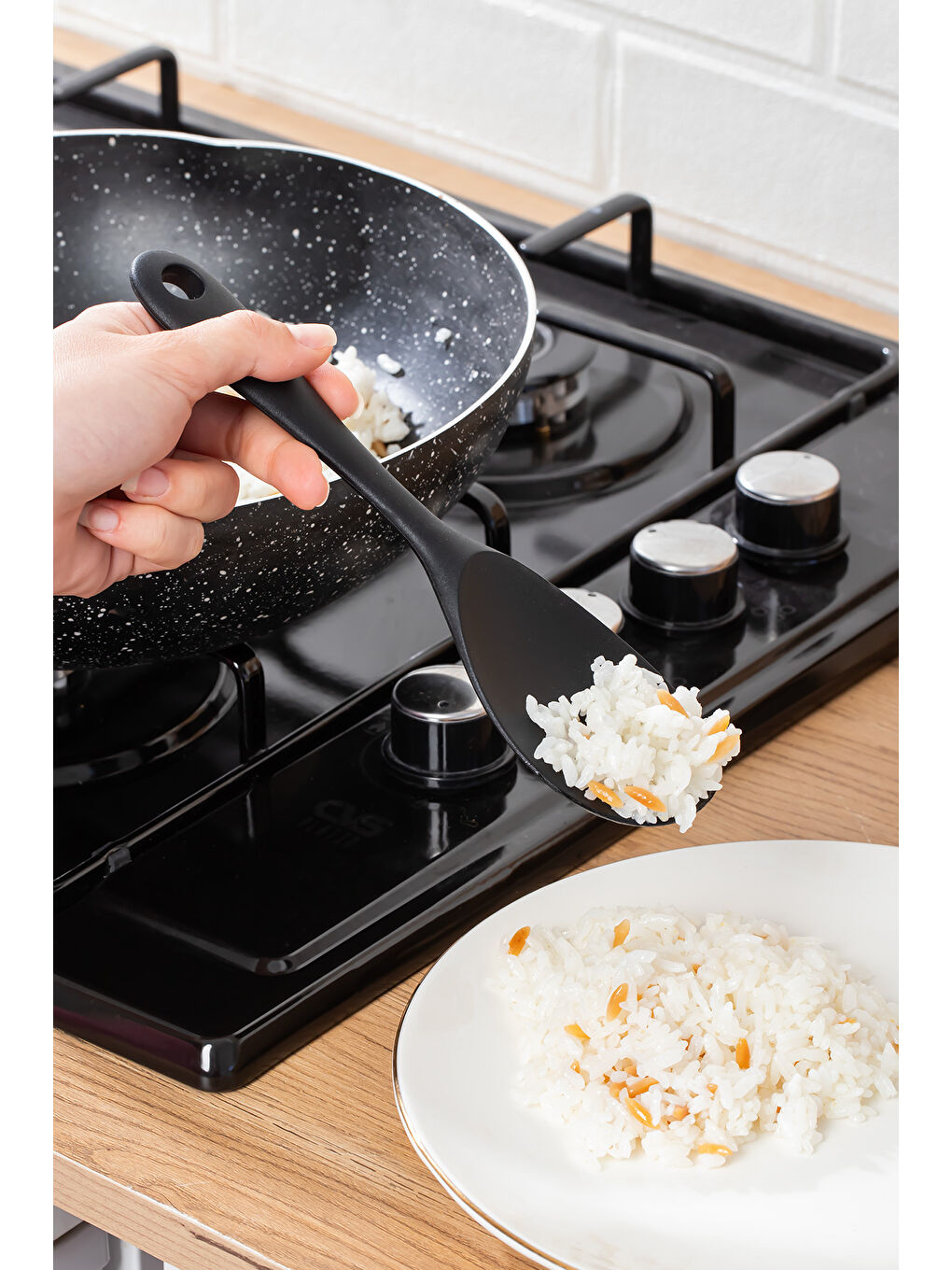 5262 Silikon Pilav Kaşığı Yanmaz Yapışmaz Çizmez Pilav Kepçe Kaşığı Siyah 2 Adet 22cm-2