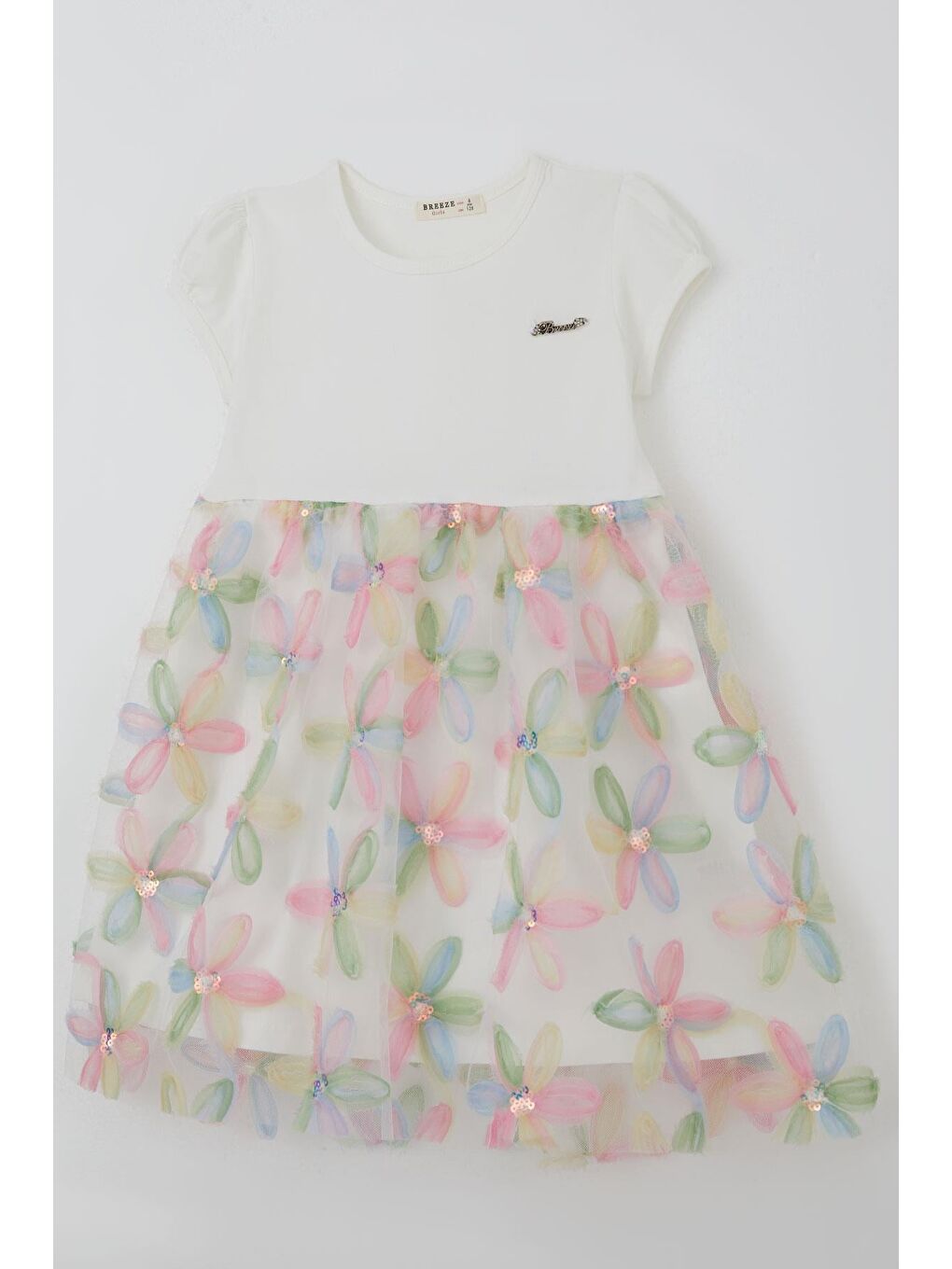 Kız Çocuk Elbise Renkli 3D Papatya Çiçek Aplikeli Pul Detaylı Ekru (4-9 Yaş)-3