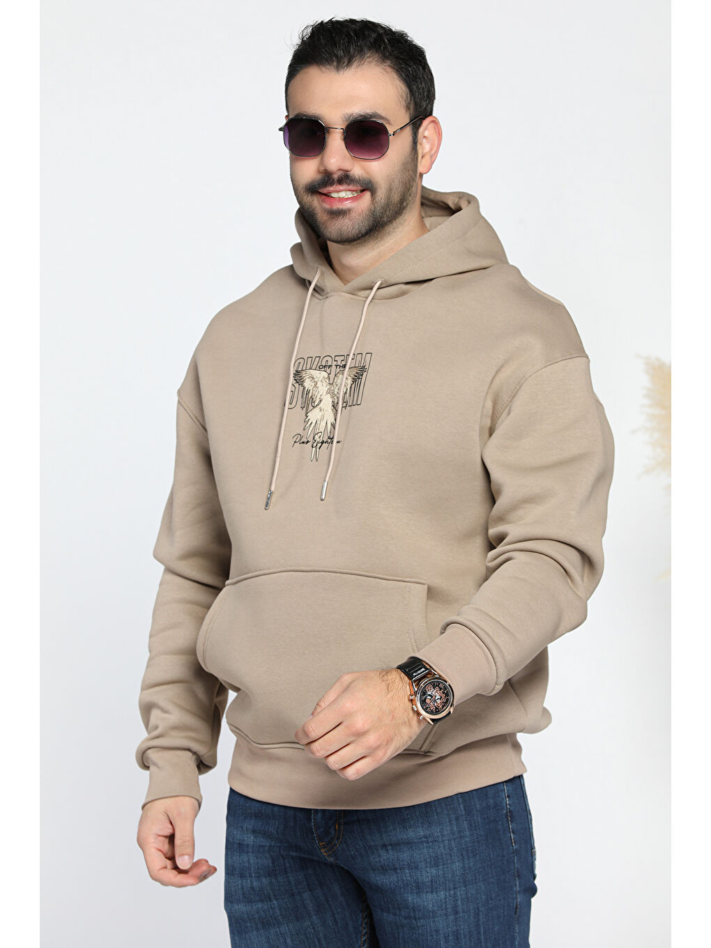 Mishar İtalia Bej Üç İplik Şardonlu Kapüşonlu Kartal Baskılı Erkek Sweatshirt