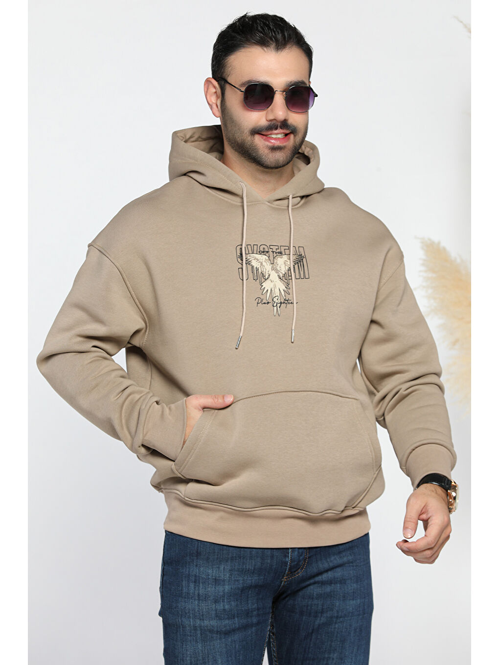 Mishar İtalia Bej Üç İplik Şardonlu Kapüşonlu Kartal Baskılı Erkek Sweatshirt - 1