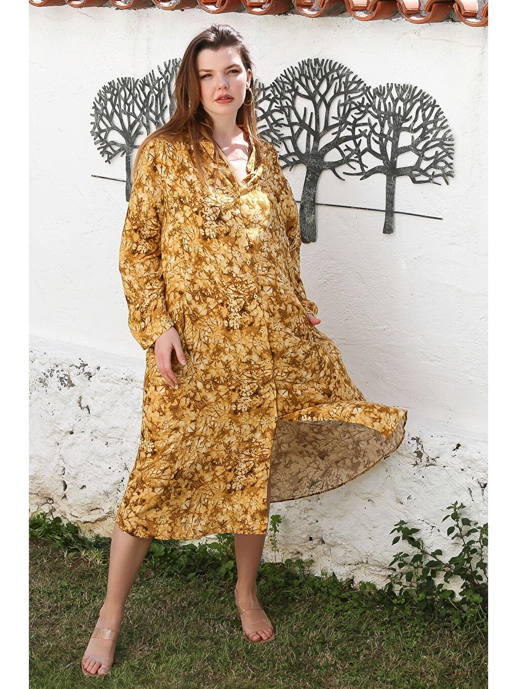 Sarı Hardal Hakim Yaka Düğmeli Uzun Kollu Gizli Cepli Casual Viskon Dokuma Elbise 125 65