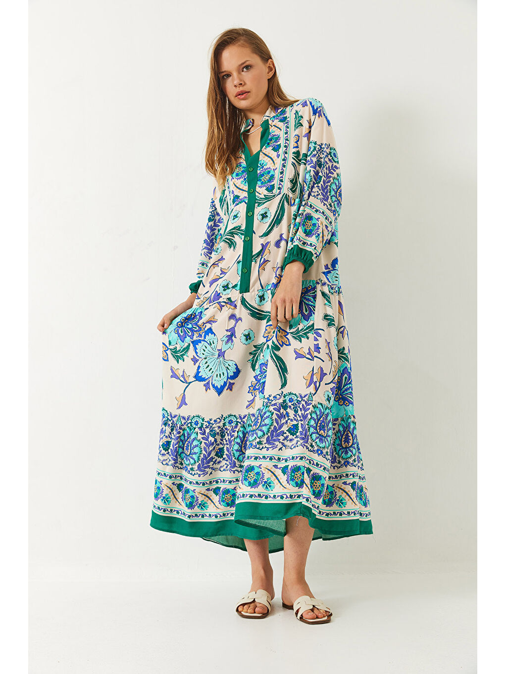 Yeşil Kadın V Yaka Düğmeli Multi Desenli Viskon Maxi Elbise-2