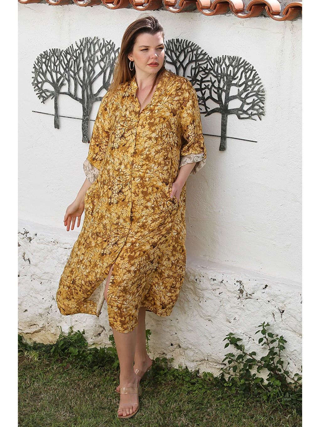 Sarı Hardal Hakim Yaka Düğmeli Uzun Kollu Gizli Cepli Casual Viskon Dokuma Elbise 125 65-1