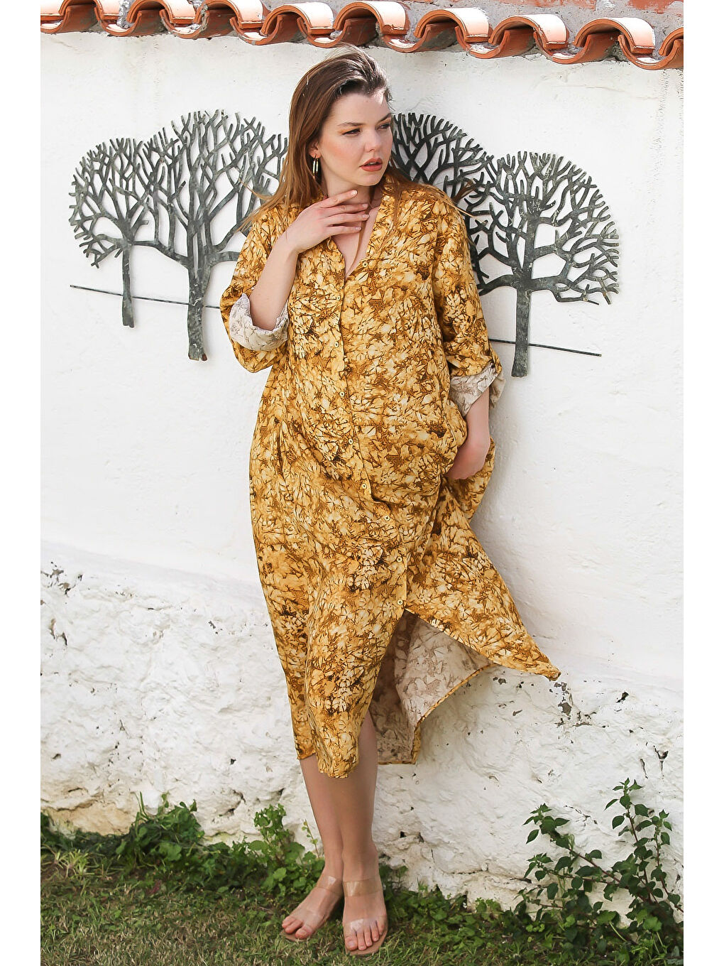 Sarı Hardal Hakim Yaka Düğmeli Uzun Kollu Gizli Cepli Casual Viskon Dokuma Elbise 125 65-2