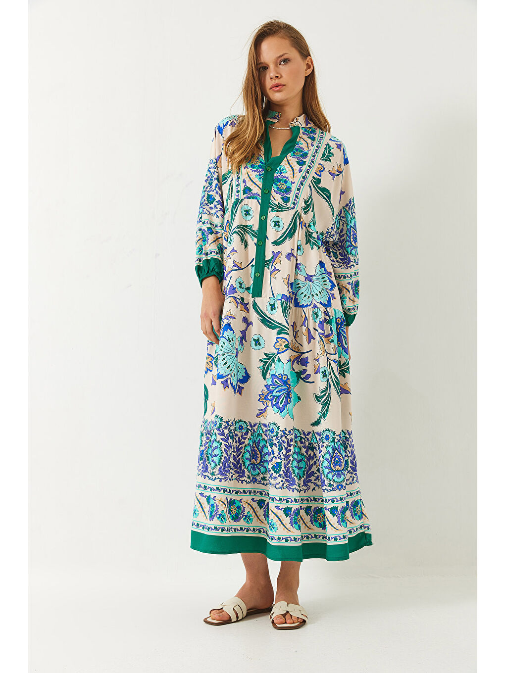 Yeşil Kadın V Yaka Düğmeli Multi Desenli Viskon Maxi Elbise-3