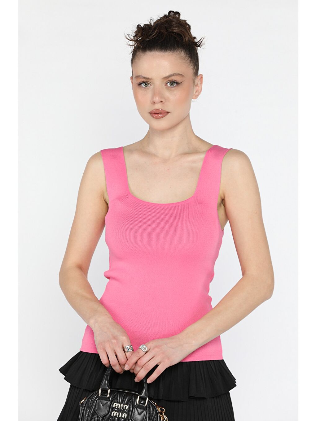 Fuşya Kadın Kare Yaka Kalın Askılı Elastanlı Triko Bluz