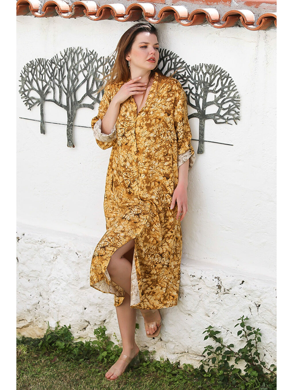 Sarı Hardal Hakim Yaka Düğmeli Uzun Kollu Gizli Cepli Casual Viskon Dokuma Elbise 125 65-3