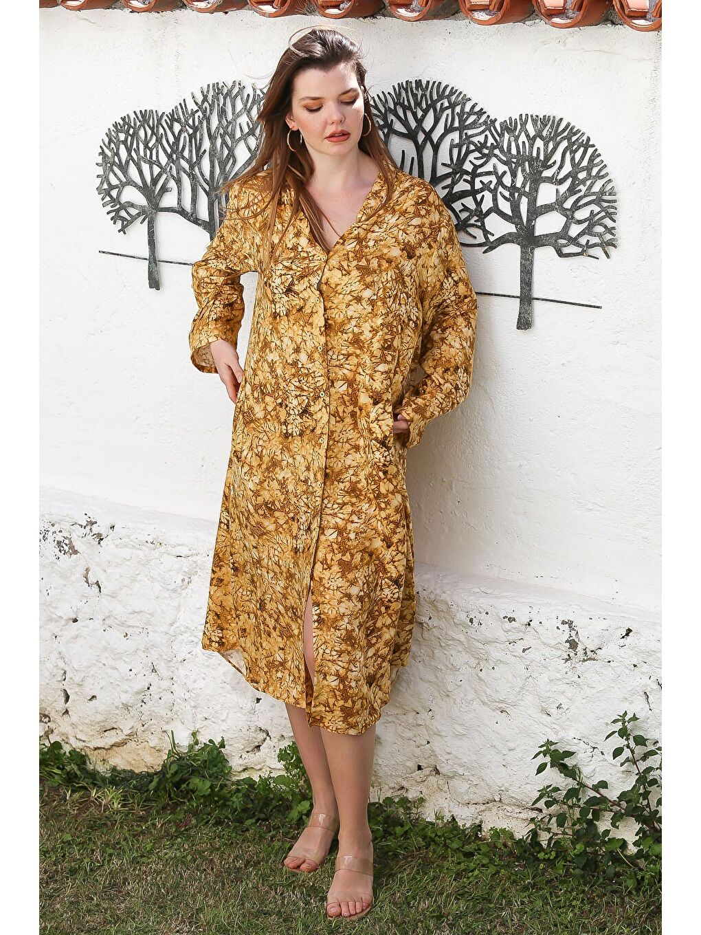 Sarı Hardal Hakim Yaka Düğmeli Uzun Kollu Gizli Cepli Casual Viskon Dokuma Elbise 125 65-4