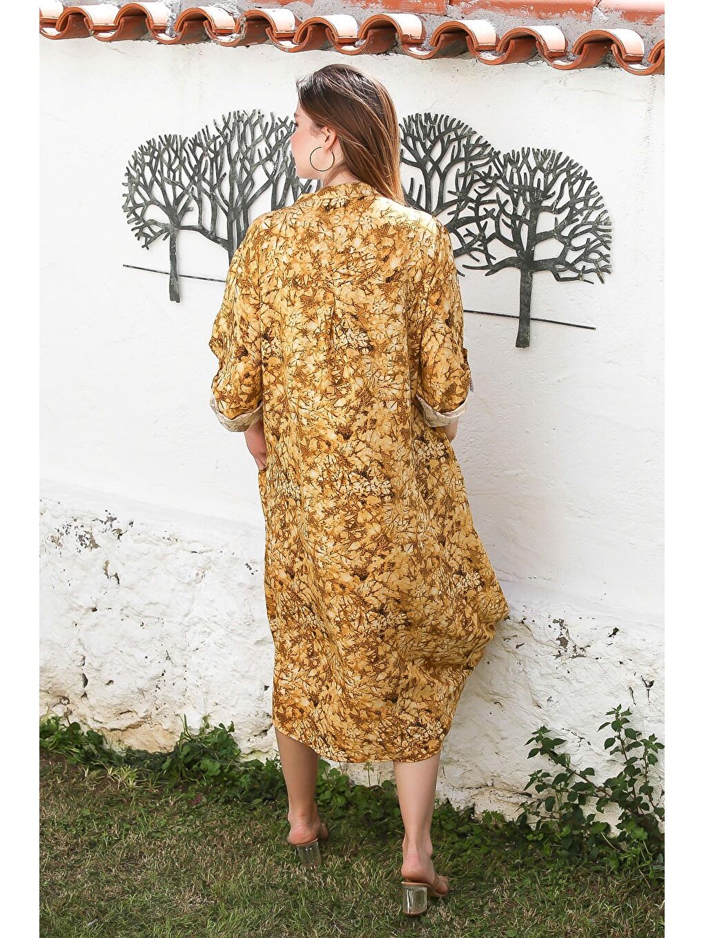 Sarı Hardal Hakim Yaka Düğmeli Uzun Kollu Gizli Cepli Casual Viskon Dokuma Elbise 125 65-5