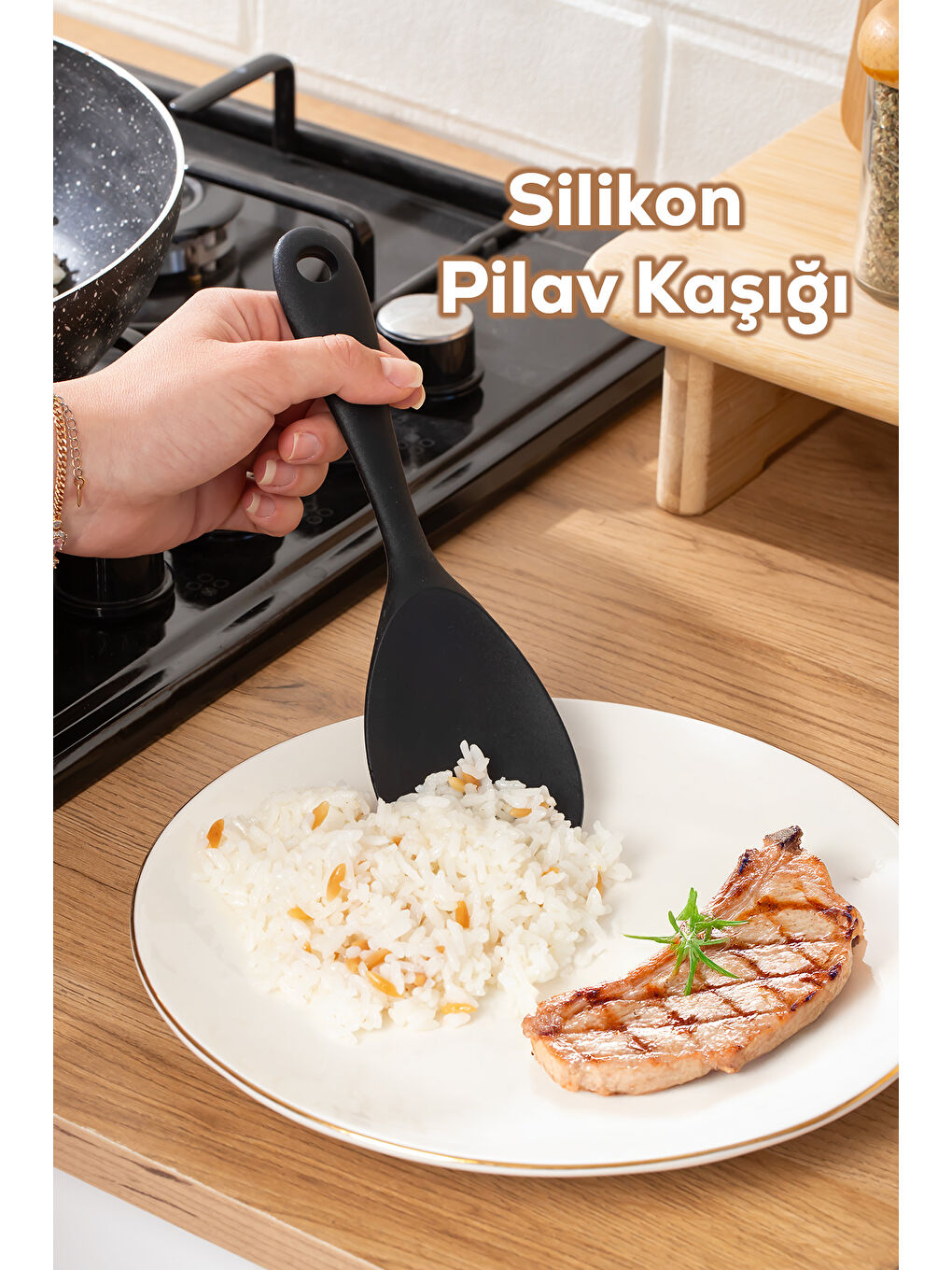 5262 Silikon Pilav Kaşığı Dayanıklı Yanmaz Yapışmaz Çizmez Pilav Kepçe Kaşığı Siyah 22cm-1