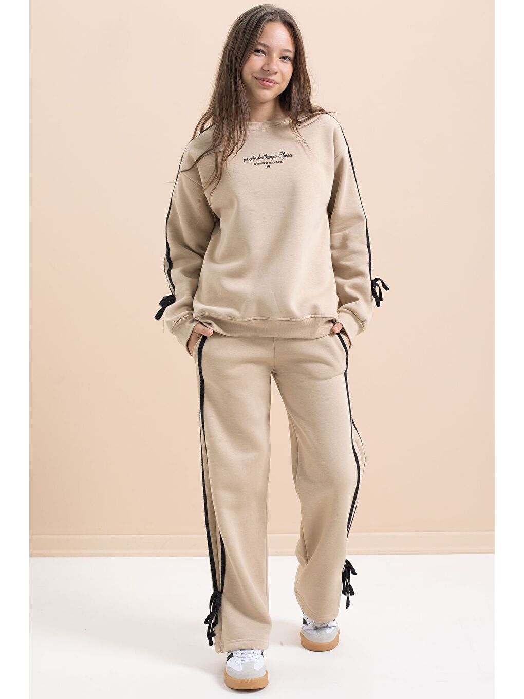 Bej Kız Çocuk Şerit Detaylı 3 İplik Şardonlu Takım 21516-1