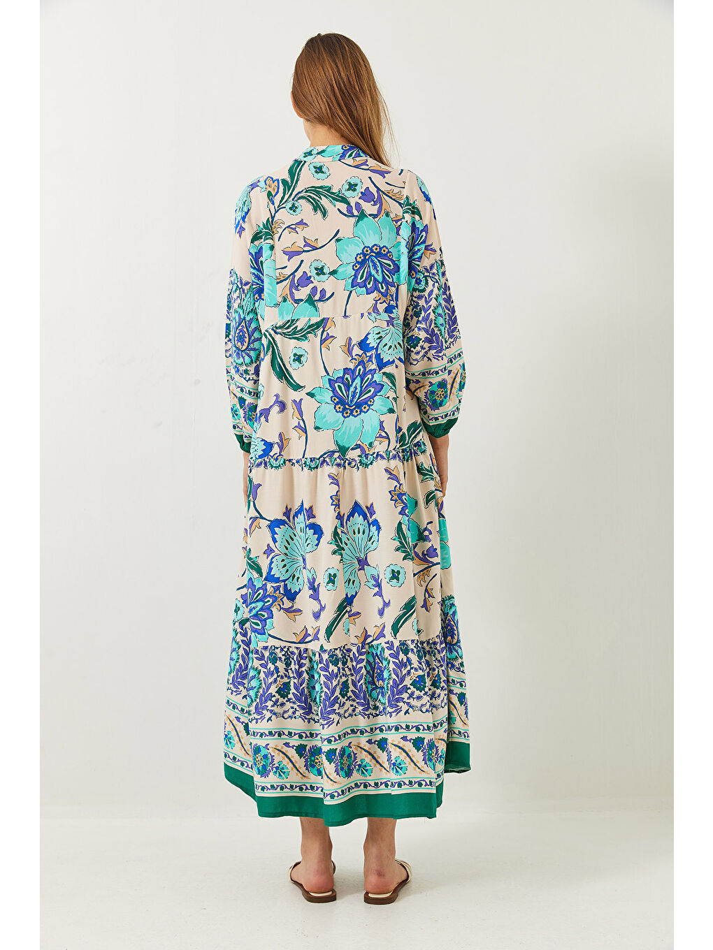 Yeşil Kadın V Yaka Düğmeli Multi Desenli Viskon Maxi Elbise-7