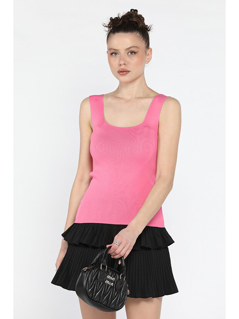 Fuşya Kadın Kare Yaka Kalın Askılı Elastanlı Triko Bluz-1