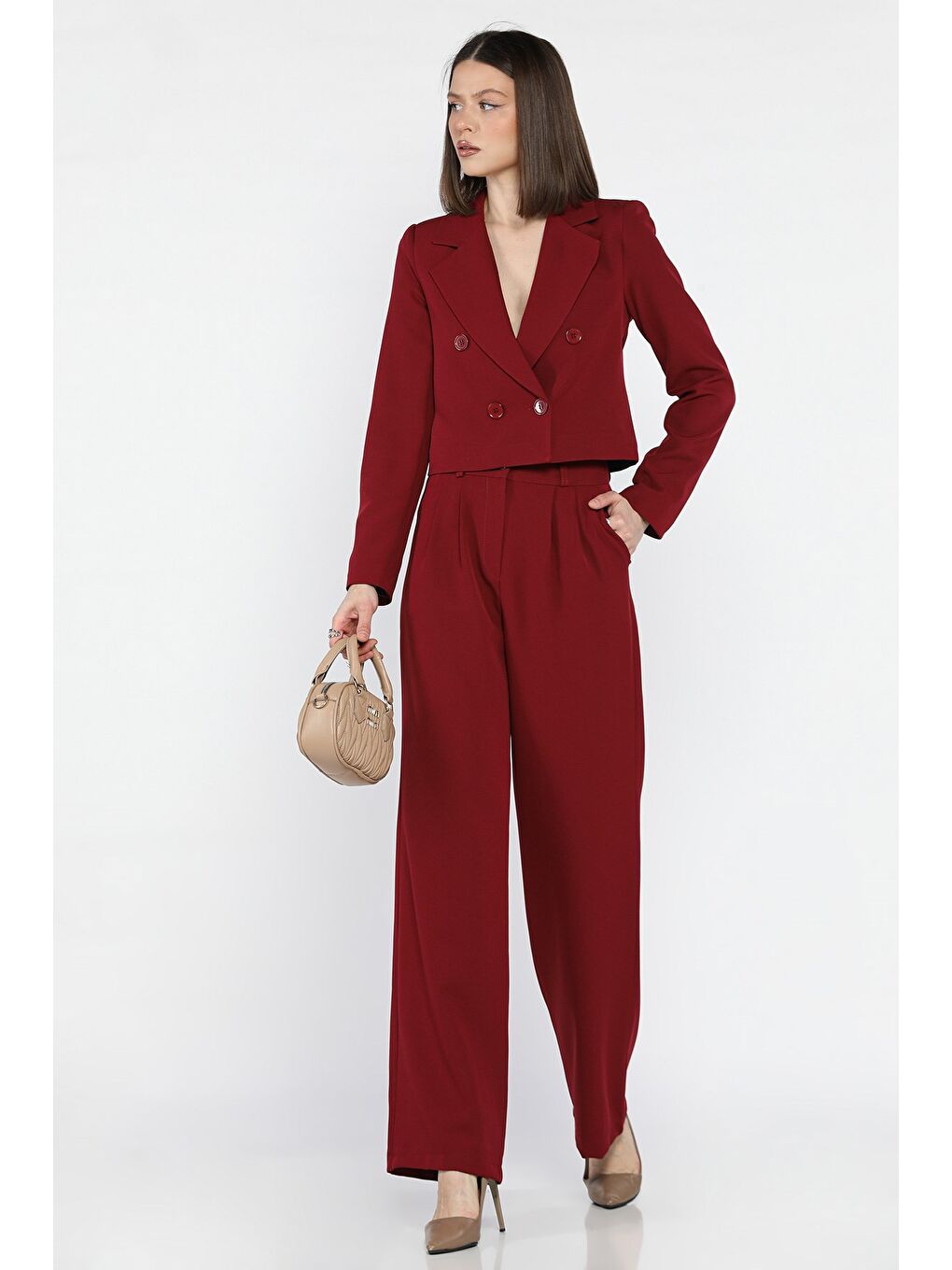 Bordo Kadın Dört Düğmeli Blazer Ceket Palazzo Pantolon İkili Takım-1